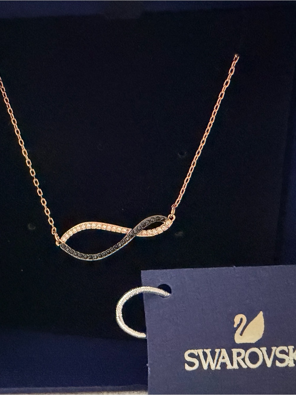 Swarovski Rose Gold Infinity Necklace with Black and Clear Crystals